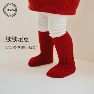 Elk 保暖加绒宝宝中筒袜男女童加厚圣诞袜 Zoo婴儿红色袜子冬季