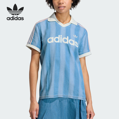 Adidas/阿迪达斯正品三叶草新款女浅蓝白色社交短袖T恤KD5448