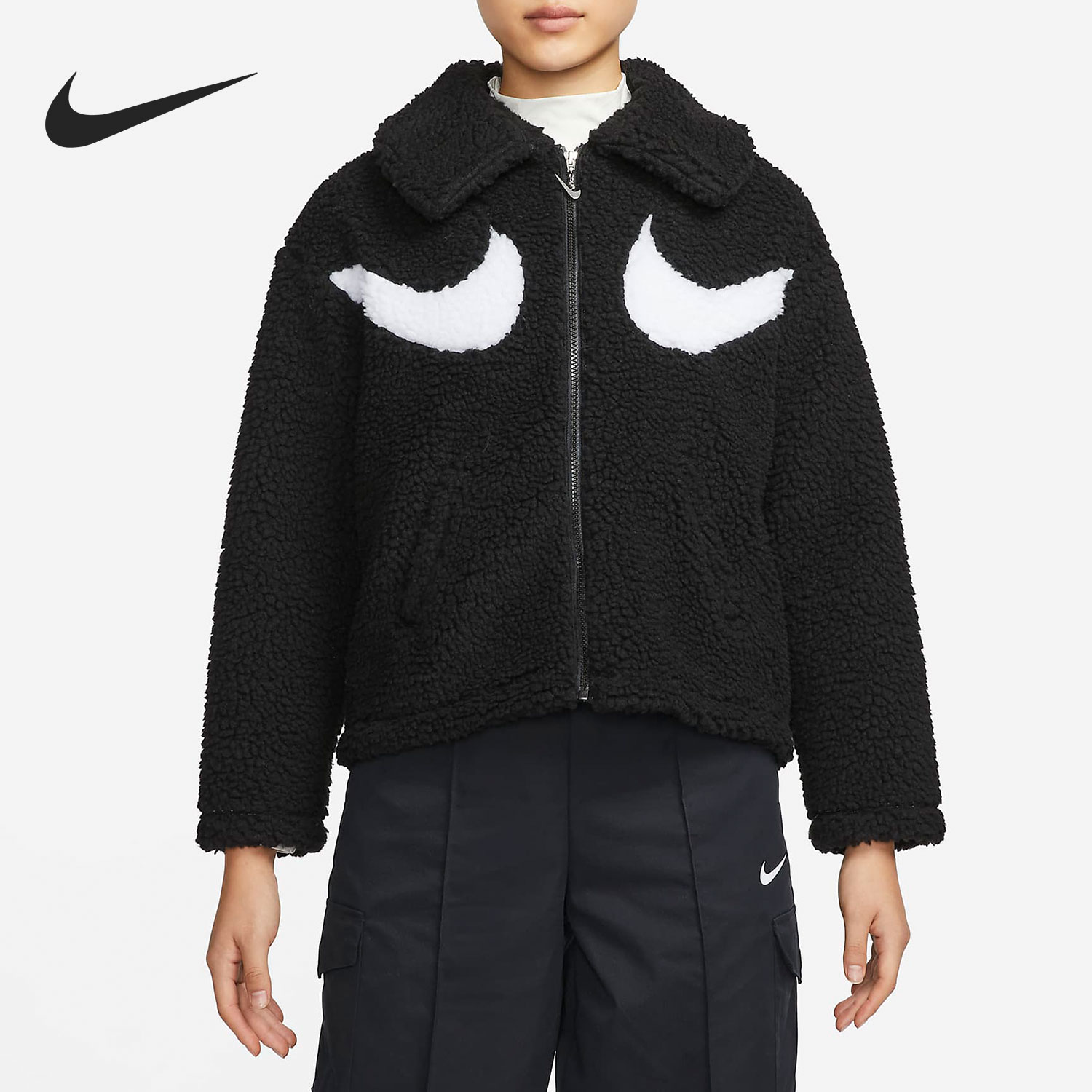 耐克女子休闲翻领毛绒外套