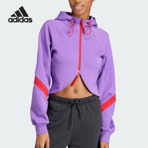 Adidas/阿迪达斯正品舒适春季款女士连帽拼接修身外套IU0171