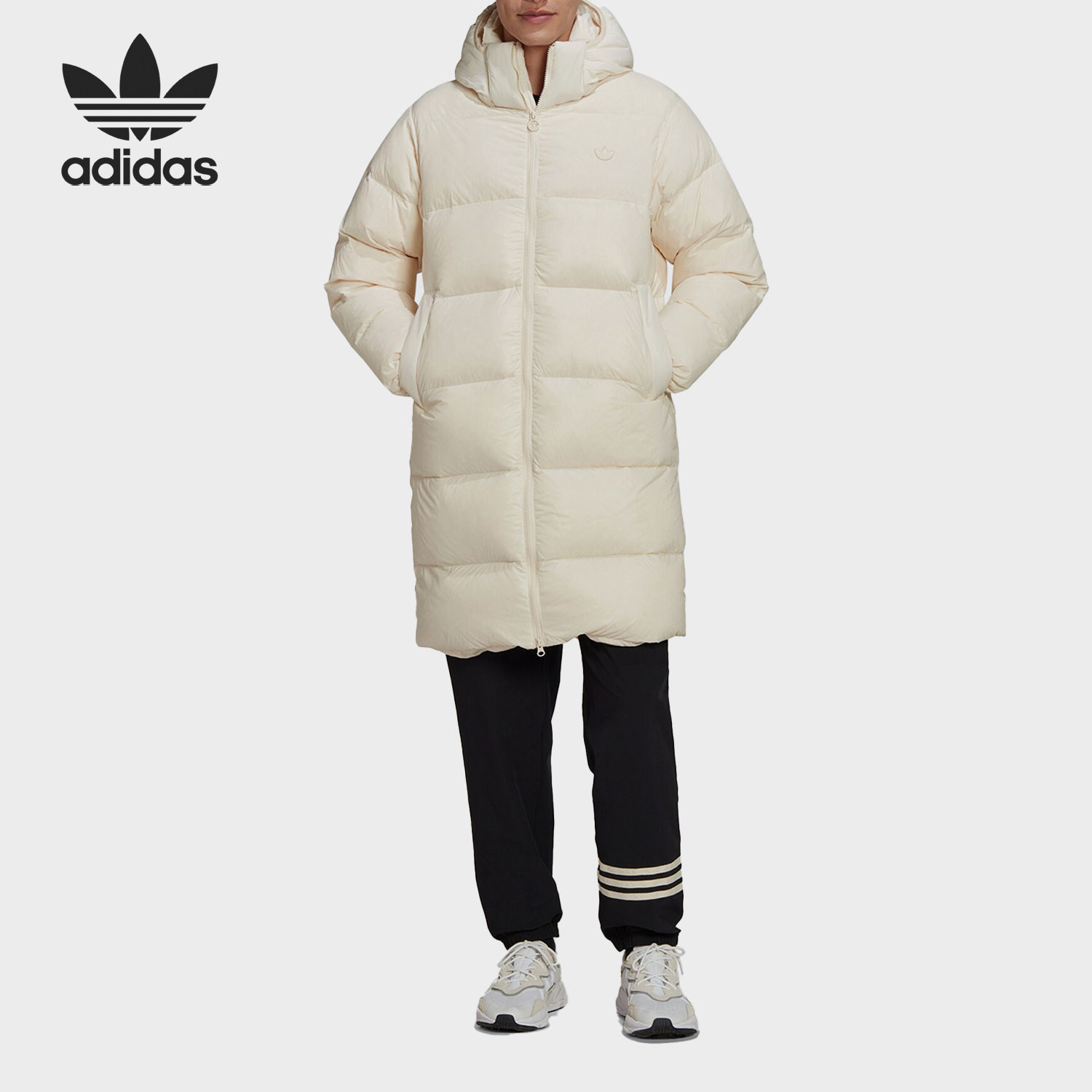 Adidas/阿迪达斯正品三叶草男士保暖中长款连帽羽绒服HL9208
