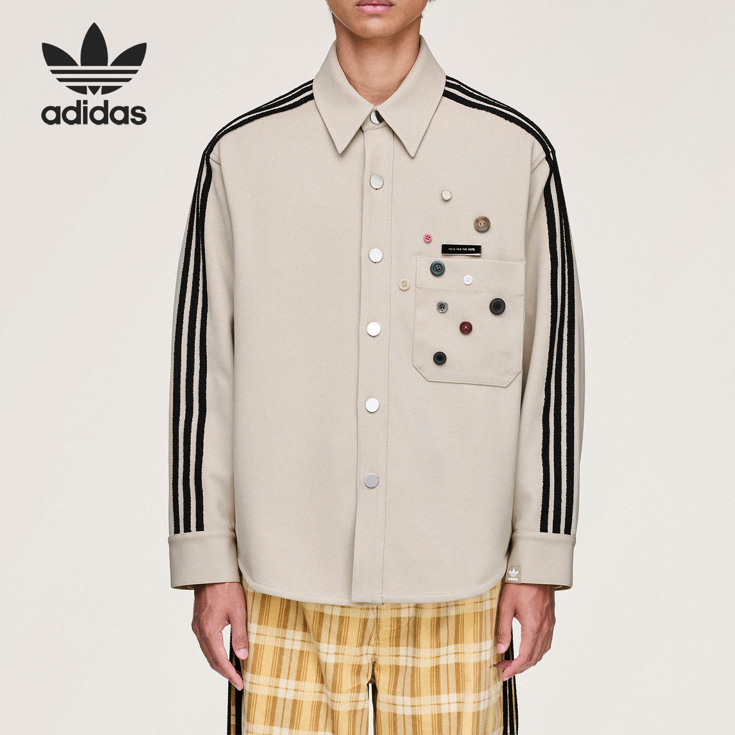 Adidas/阿迪达斯正品三叶草男女长袖宽松条纹运动衬衫KC3141 - 实物图