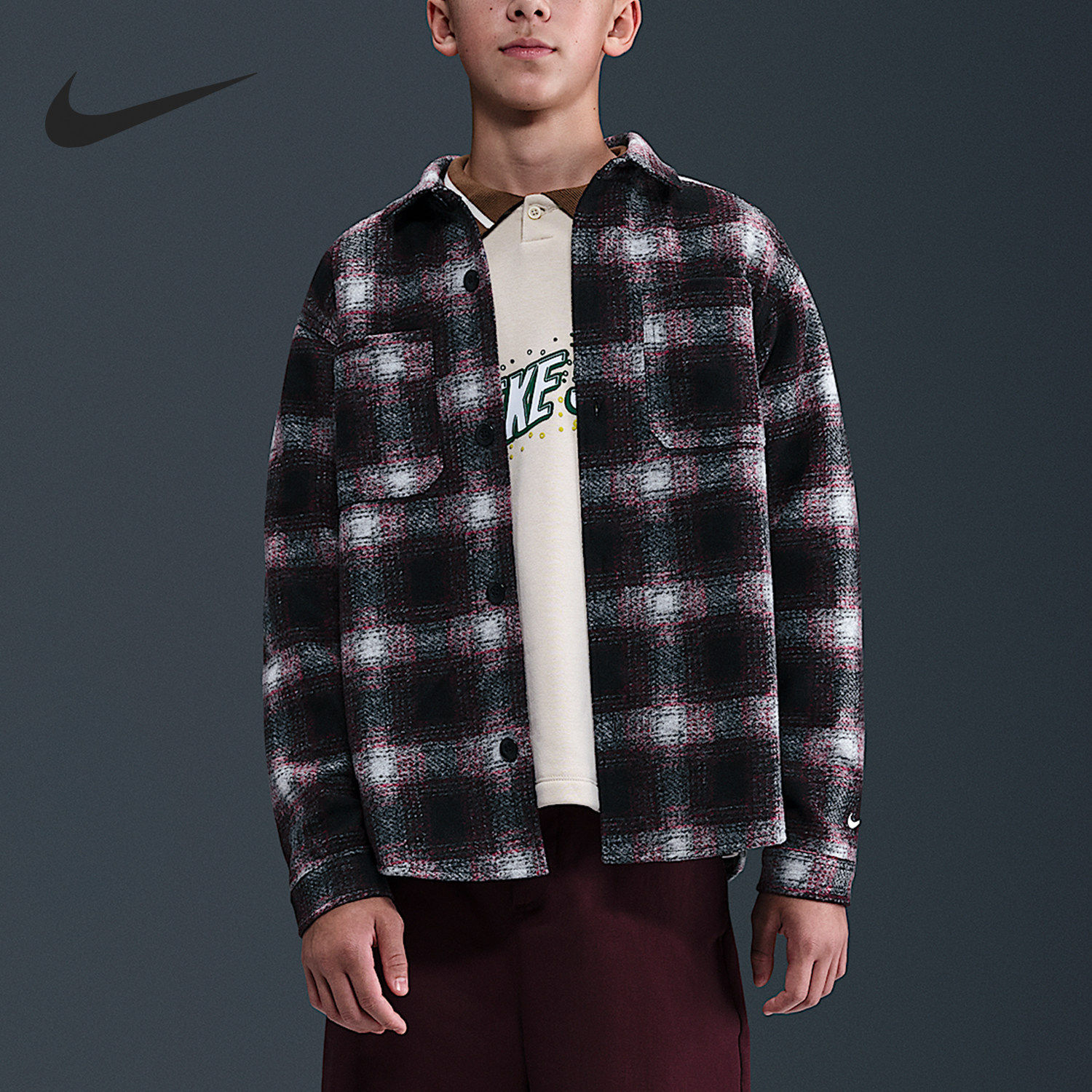 Nike/耐克正品SB新款儿童黑白色滑板街头长袖衬衫HV0281-010
