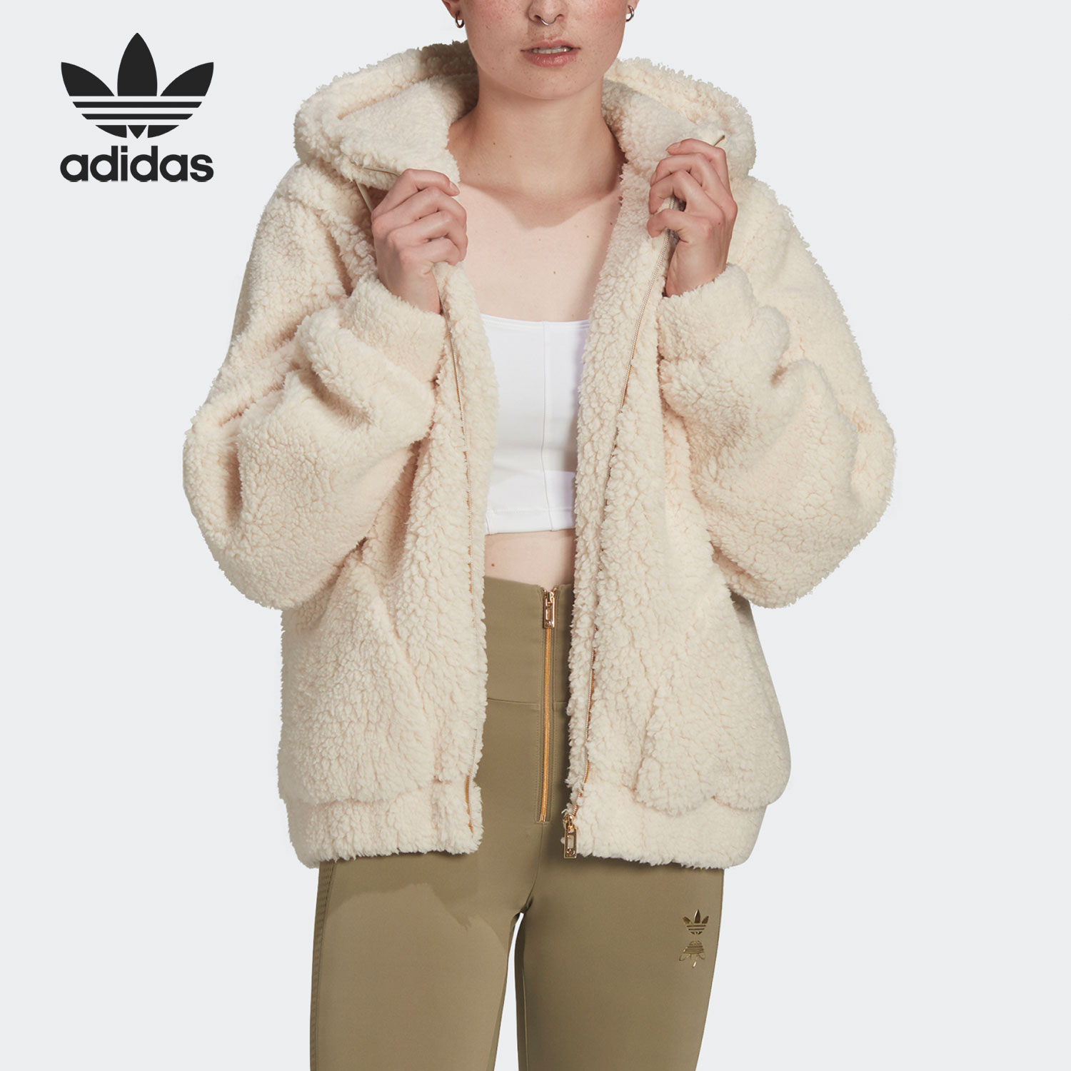 Adidas/阿迪达斯正品三叶草女子仿羊羔绒运动夹克外套 HG6677