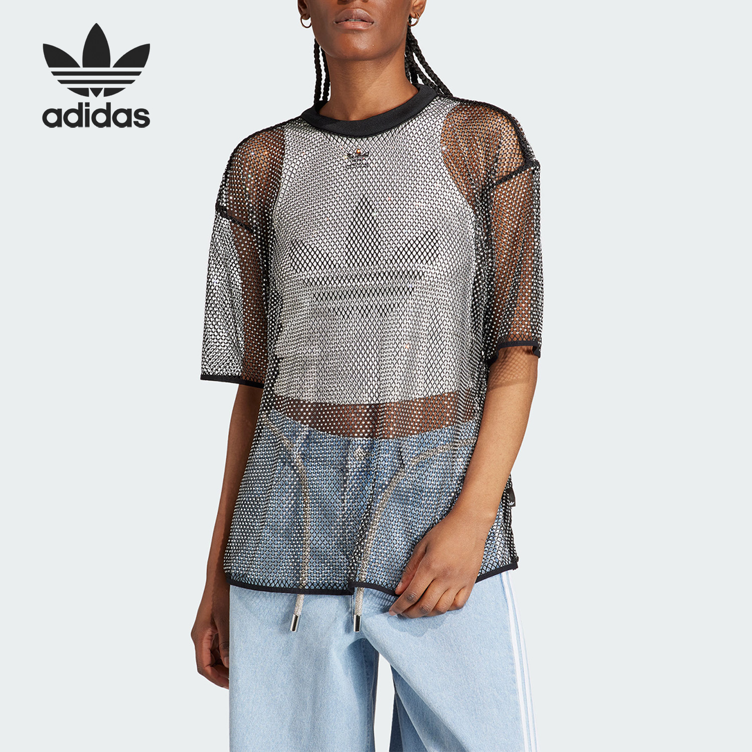 Adidas/阿迪达斯正品三叶草女士水钻网眼运动短袖T恤IW6205