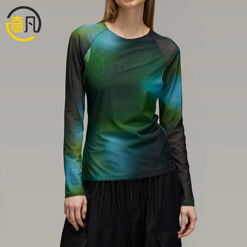 Adidas/阿迪达斯正品女士时尚印花针织网纱运动长袖T恤JL8301