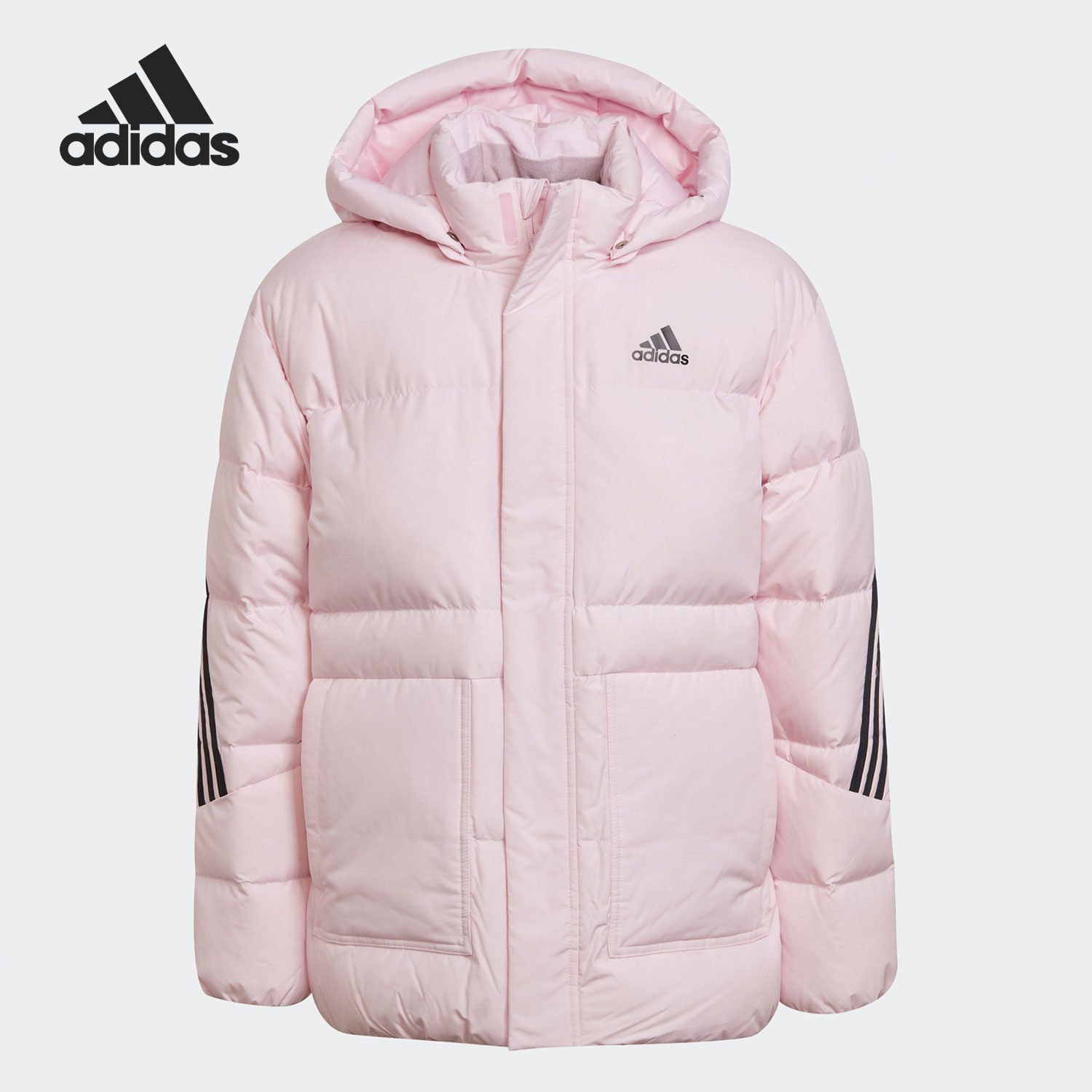 Adidas/阿迪达斯正品大童三条纹连帽运动鸭绒羽绒服 H45046