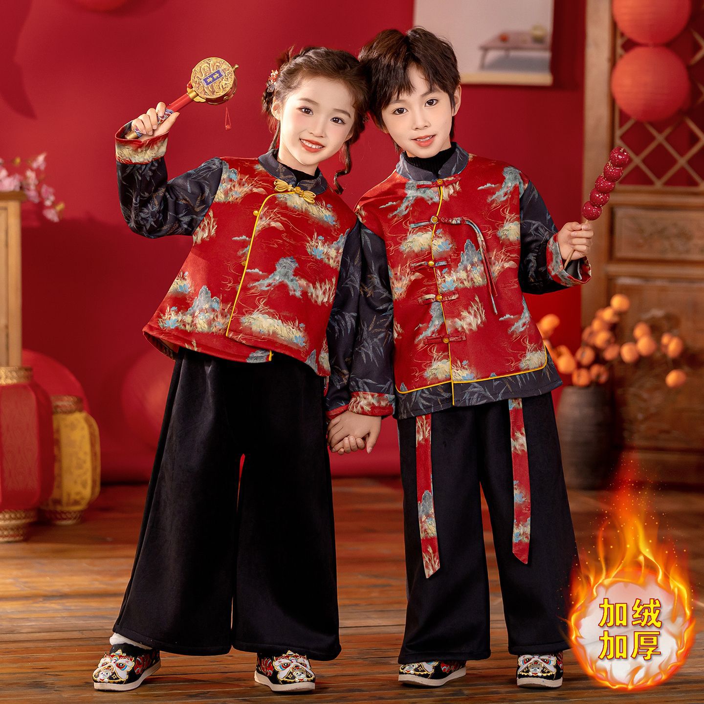 儿童拜年服山河锦装拼色套装2025新款中国风唐装男童元旦节表演服