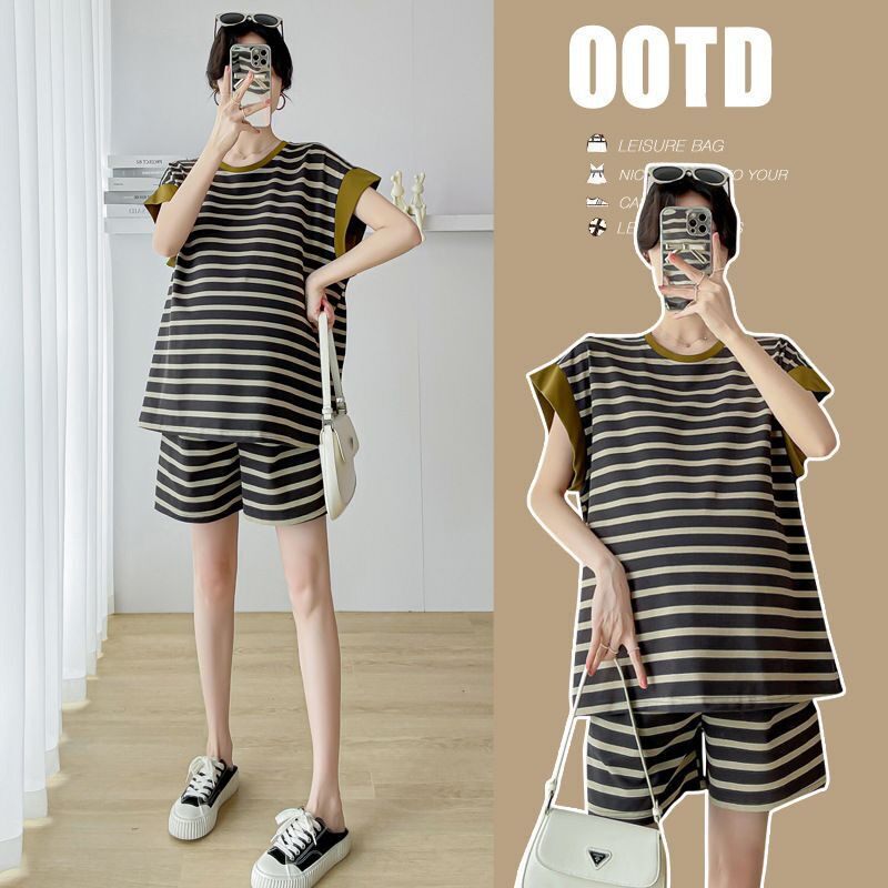 撞色条纹休闲时尚套装女夏季宽松短袖T恤孕妇托腹短裤孕妇两件套
