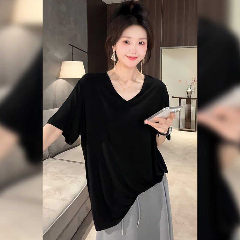 黑色v领短袖t恤女夏季宽松中长款洋气减龄上衣百搭半袖体恤