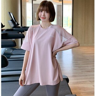 健身服瑜伽服夏薄款网纱运动上衣女宽松跑步罩衫速干T恤大码短袖