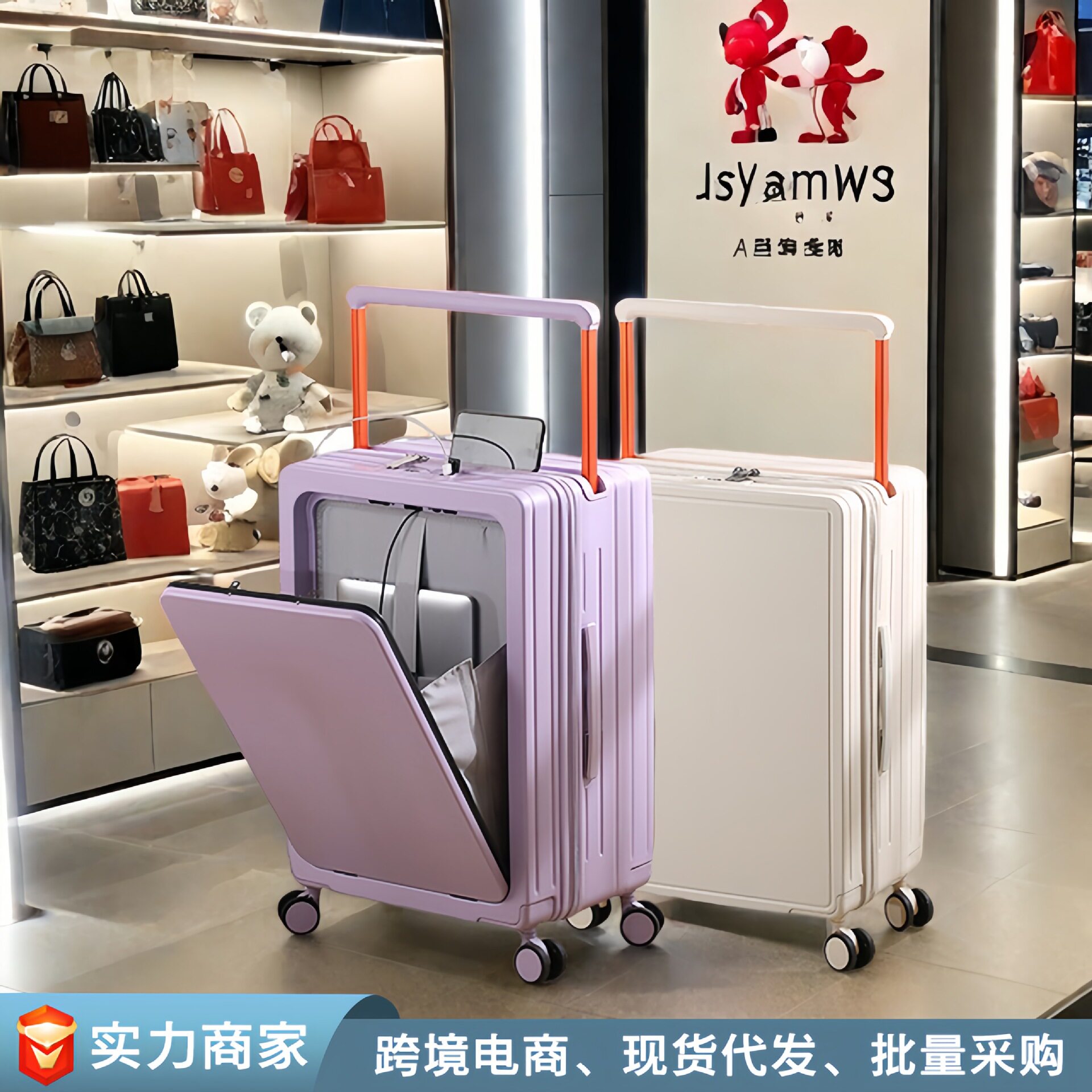 CROWN皇冠官网前开盖宽拉杆行李箱20寸登机密码旅行拉链皮箱大容