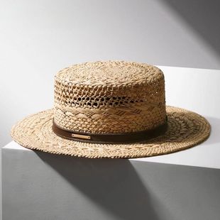 男女拉菲草鏤空手編平頂禮帽寬沿遮陽(yáng)防曬度假出游 日本品質(zhì)夏新款