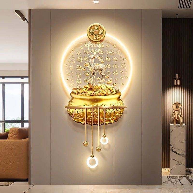 麋鹿玄关装饰画走廊尽头挂画轻奢寓意好入户过道墙带灯光LED壁画