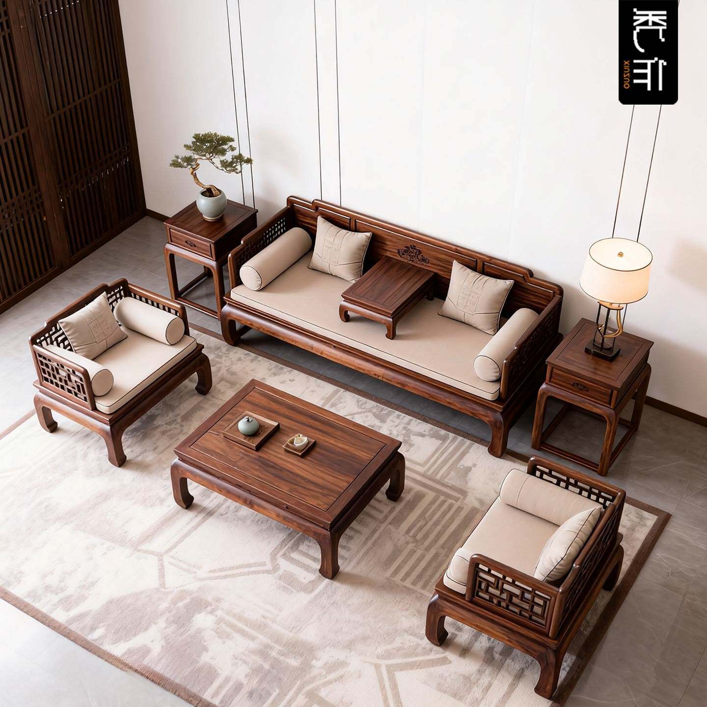 北美黑胡桃木新中式实木罗汉床沙发茶几组合大小户型客厅宋式美学