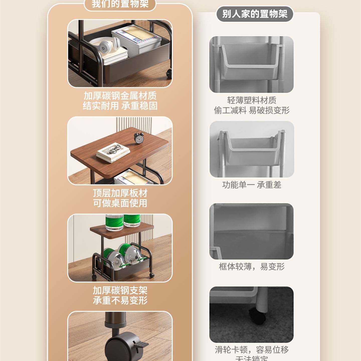 客厅沙发收纳可移动茶几小推车双层边几小桌子带轮茶桌卧室置物J^