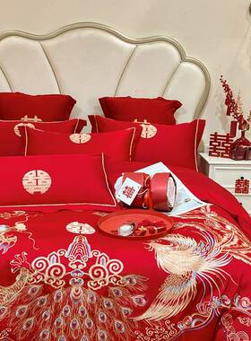 高档中式龙凤刺结婚四件套床大单红色被TRE套亲肤棉绣喜被婚庆床