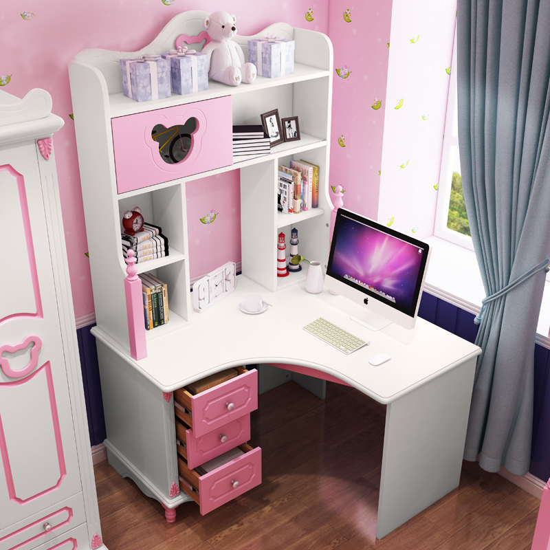 儿童书桌书柜组合女孩粉色公主多功能写字学习桌实木转角电脑桌