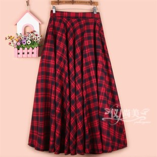 秋冬毛呢子大码a字裙中长款女格子长裙松紧高腰显瘦大摆半身裙子