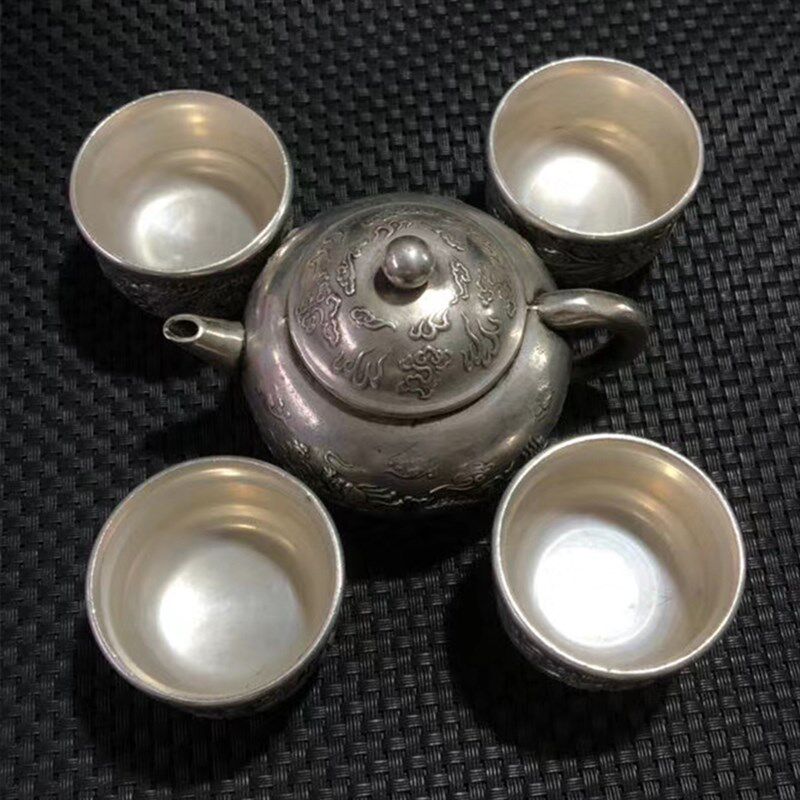 古玩铜器收藏仿古镀银白铜双龙酒壶茶壶龙凤呈祥酒杯茶杯一套摆件