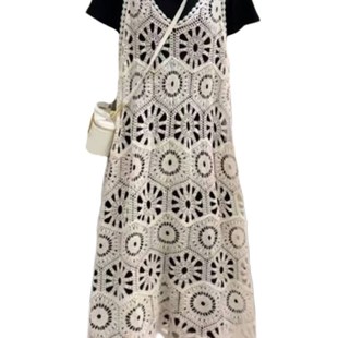 大码胖mm超好看黑色t恤连衣裙子女夏+法式蕾丝叠穿吊带裙两件套装