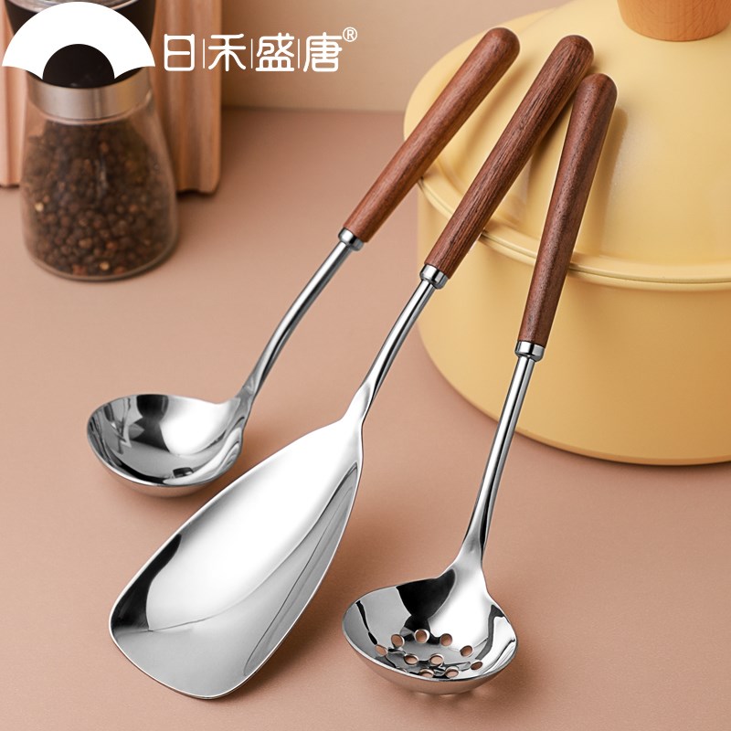 304不锈钢木柄小锅铲迷你炒菜勺汤勺铲子厨具家用不粘锅铲勺套装