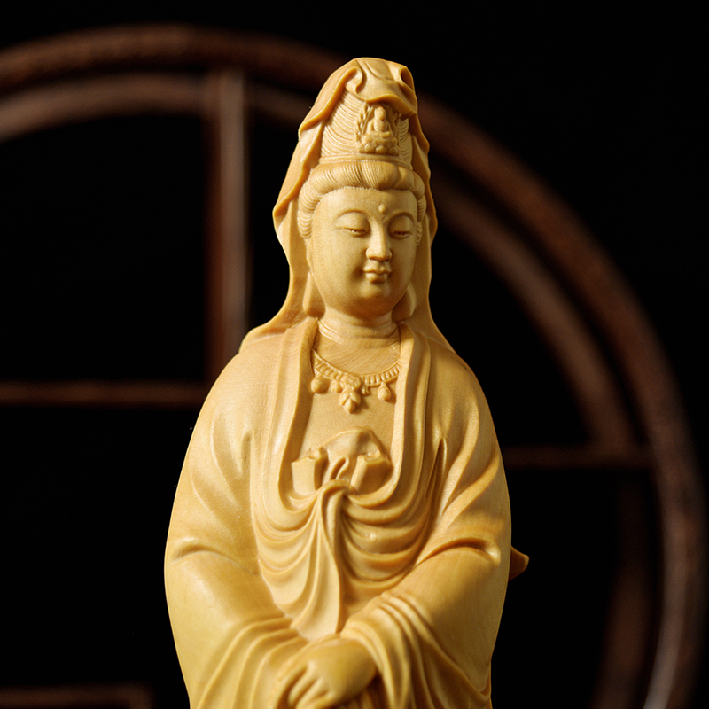 小叶黄杨木雕刻观音仿古菩萨佛像摆件客厅家用摆件长辈工艺礼品