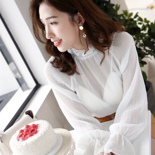 温娴花边领雪纺衫女长袖纱衣内搭仙气喇叭袖网纱上衣蕾丝打底衫薄