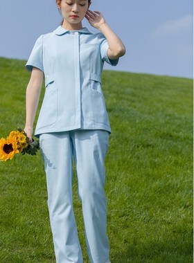 高端医院护士服夏短袖女娃娃领牙科诊所蓝色护士服分体式套装短款