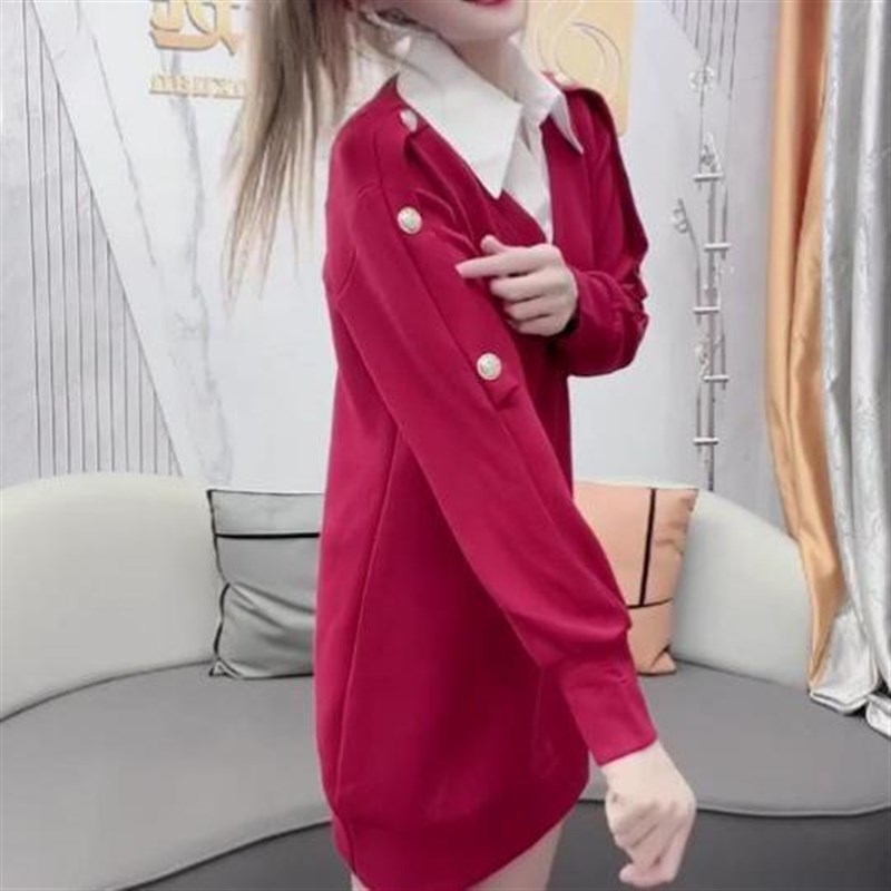 时尚假两件连衣裙女2024年秋冬新款气质宽松显瘦拼接中长款卫衣裙