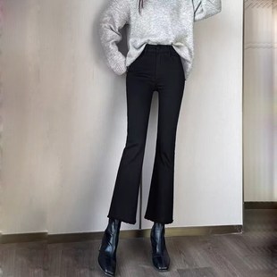 加绒加厚高腰毛边喇叭牛仔裤女2024年冬季新款小个子九分微喇裤子