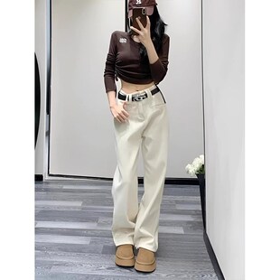 大码高腰白色美式工装牛仔裤女2024年春季新款胖mm显瘦拖地阔腿裤