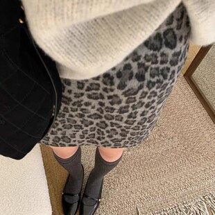 小个子毛呢豹纹半身裙女2024秋冬款大码高腰显瘦A字短裙包臀裙裤