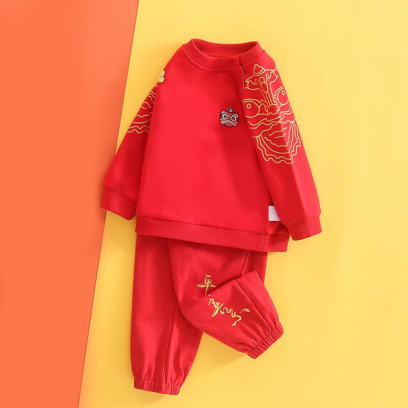 男宝宝一周岁礼服纯棉唐装套装春款中国风红色卫衣抓周衣服男童潮
