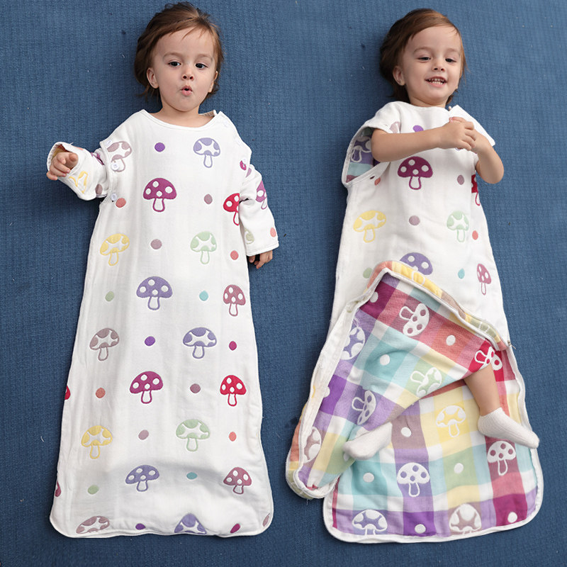 宝宝睡袋夏季纯棉新生儿童纱布春秋季薄款四季通用婴儿蘑菇防踢被