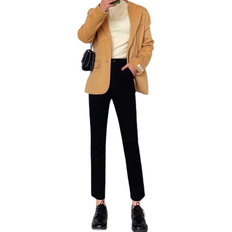 小直筒裤女九分2021秋冬加厚高腰显瘦加绒黑裤休闲铅笔烟管西装裤
