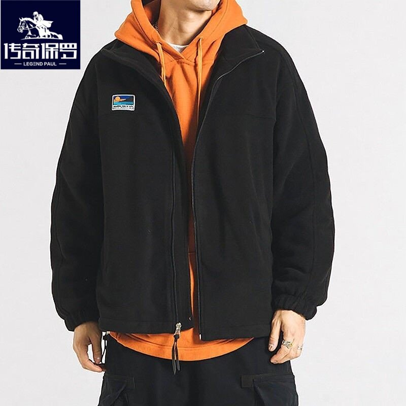 保罗外套男士春秋冬痞帅刺绣立领学生摇粒绒抓绒羊羔毛薄款夹克