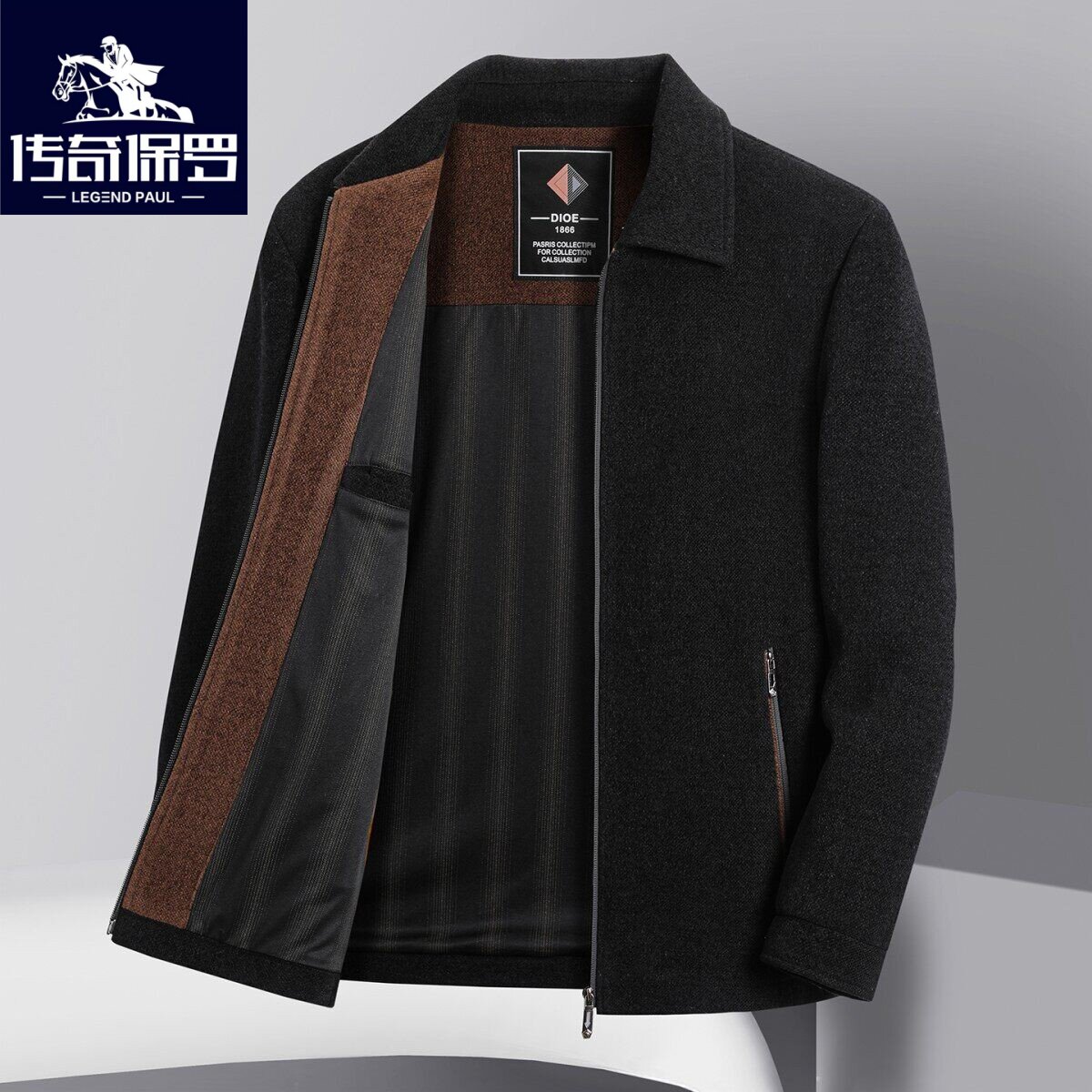 保罗秋冬季高档双面呢纯羊毛翻领男士夹克羽绒内胆全羊毛休闲外套
