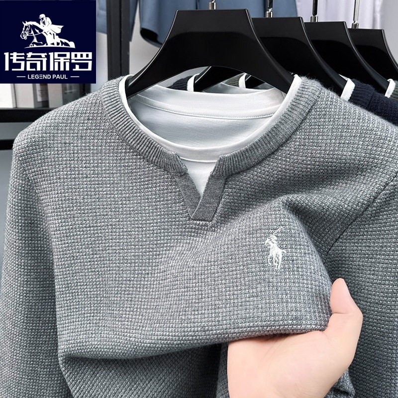 正品保罗男士假两件圆领毛衣2025秋冬季时尚内搭保暖针织打底衫