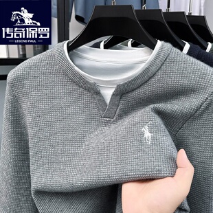 正品保罗男士假两件圆领毛衣2025秋冬季时尚内搭保暖针织打底衫