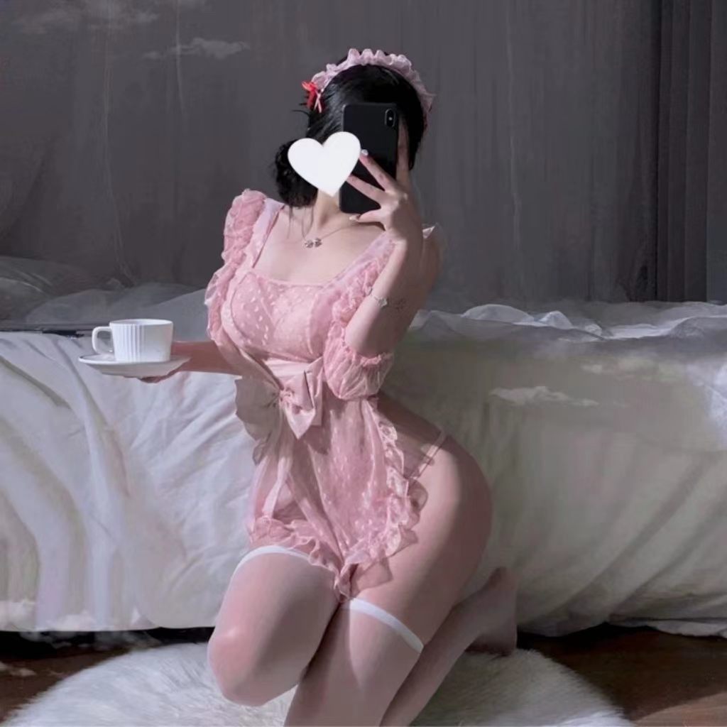 纯欲粉色女仆风镂空网纱荷叶边32