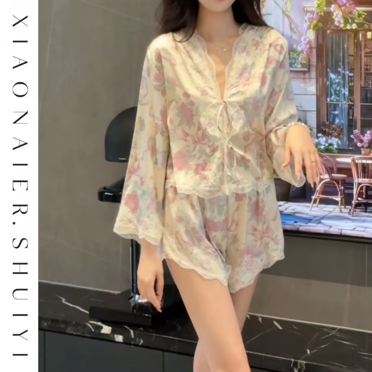 冰丝碎花纯欲风七分袖短裤睡衣女