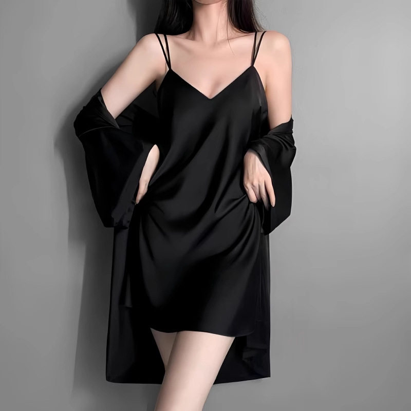 冰丝吊带睡袍两件套女春秋夏季带