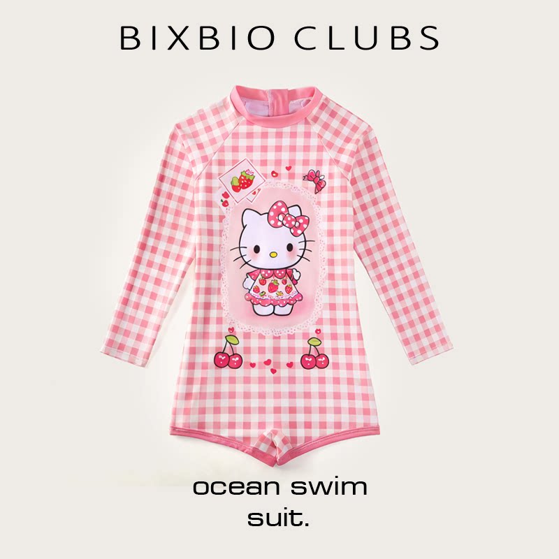 bixbio高颜值甜美KT猫高级长袖防晒中大童女孩女童儿童连体游泳衣