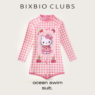 bixbio高颜值甜美KT猫高级长袖防晒中大童女孩女童儿童连体游泳衣