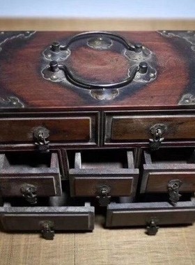 复古玩杂项草花梨木带抽屉提梁中药柜老物收藏老式首饰盒官箱宝盒