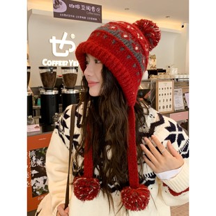 新款费尔岛风针织帽子女秋冬保暖毛线帽防寒骑车护耳帽加厚雷锋帽