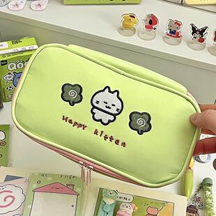 可爱四叶草小猫刺绣笔袋高颜值大容量学生文具收纳袋可翻折铅笔盒