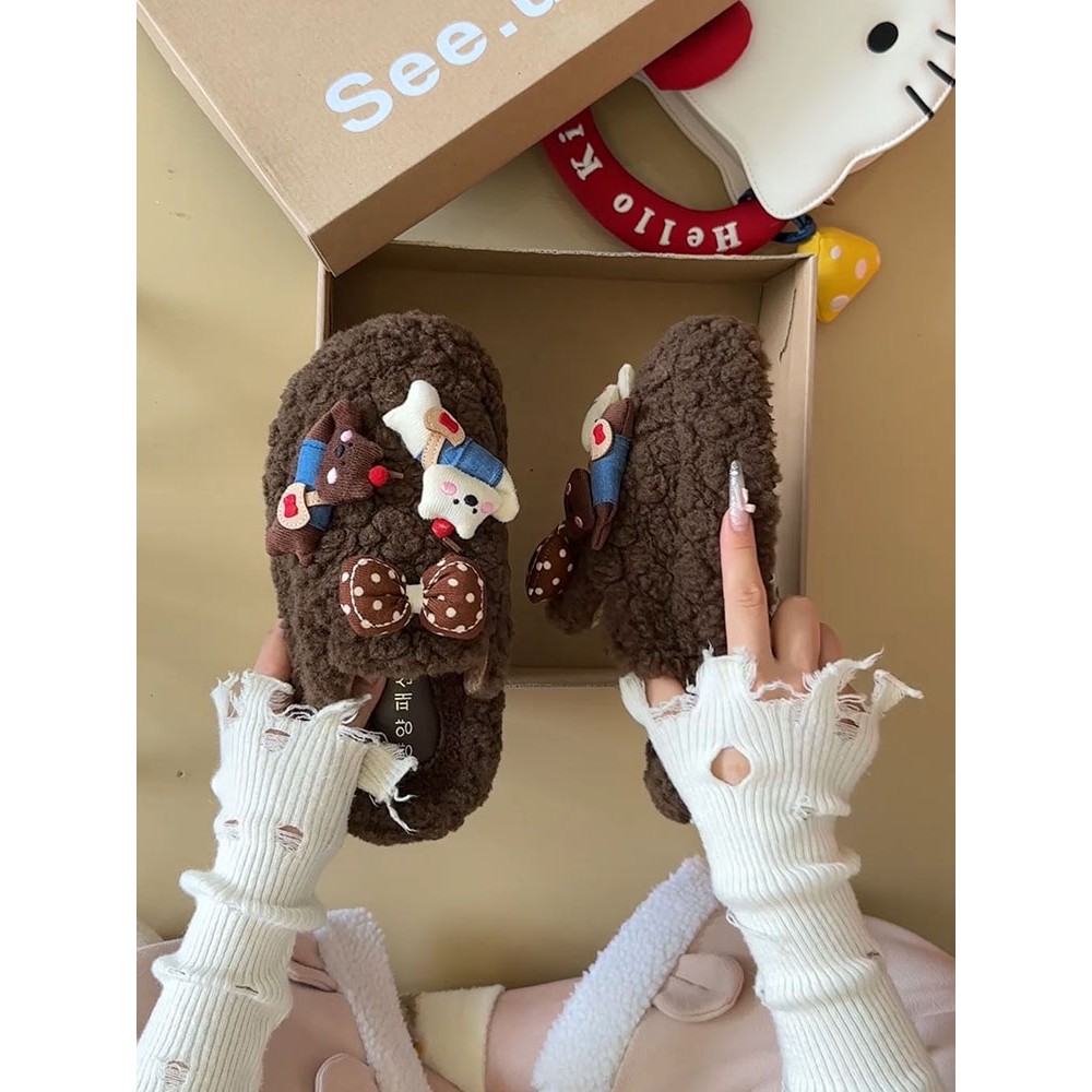 可爱卡通包头毛毛拖鞋女外穿2025秋冬新款厚底学生宿舍保暖棉拖鞋