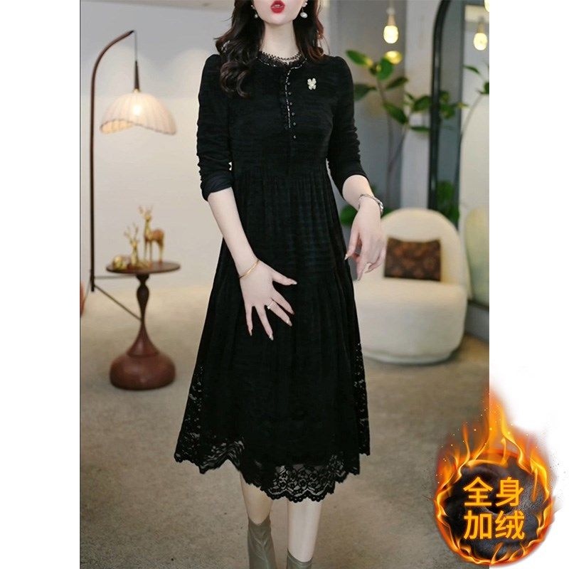 现货速发全身加绒加厚长袖连衣裙2025新款秋冬季高端配大衣妈妈打
